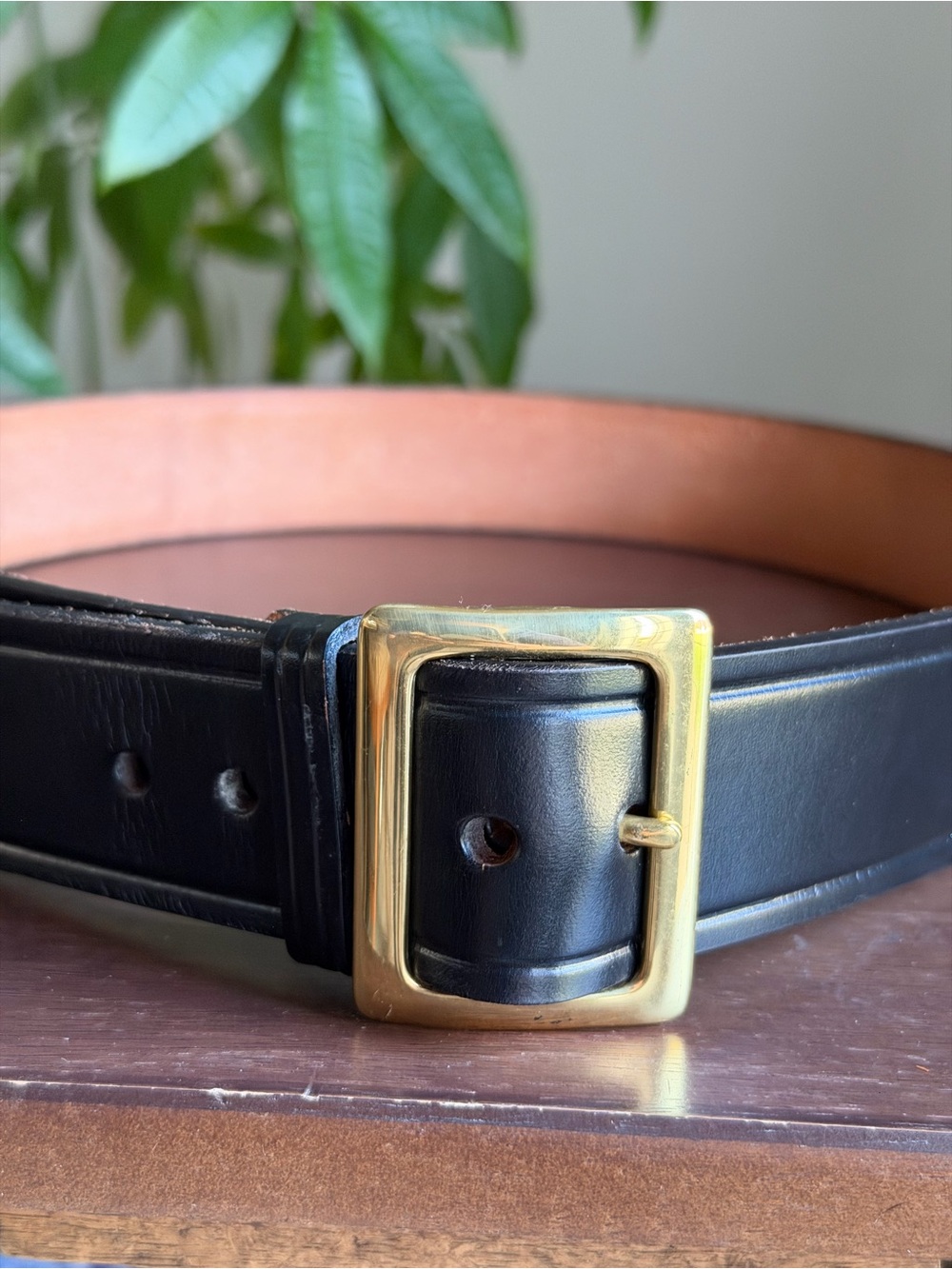 Black Leather Men's Belt with Polished Gold Buckle